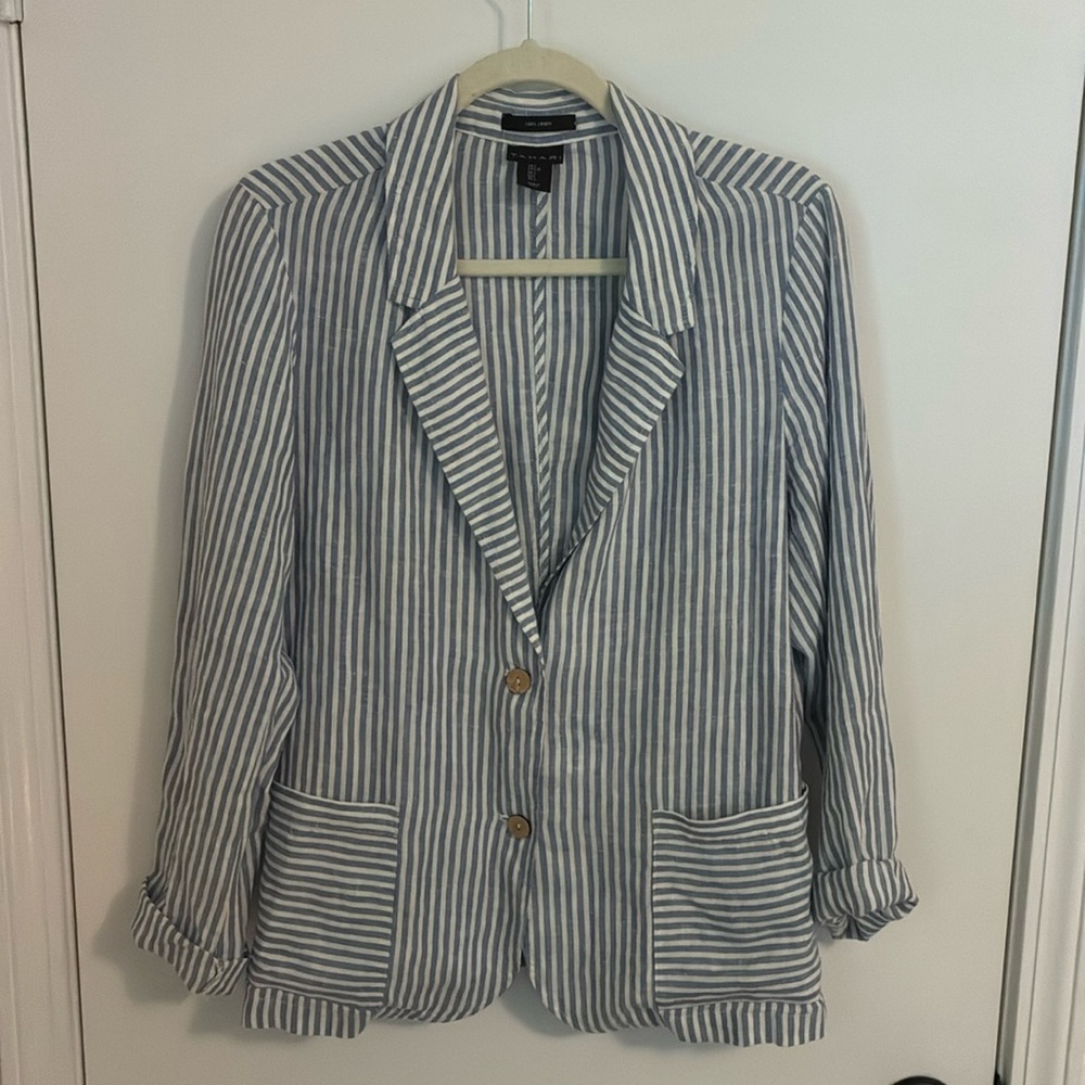 Tahari Blue & White Striped Linen Blend Blazer